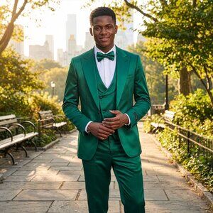 New 2026 Mens 3pc Solid Shiny Satin Green Suit Set, Skinny Fit